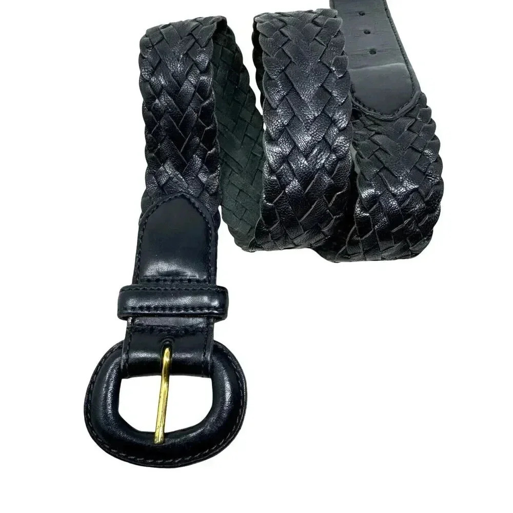 Trafalgar Braided Woven Leather Belt Black Mens size small vintage Made in USA